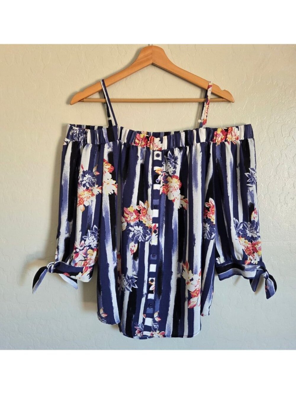 IZ Byer Striped Floral Off Shoulder Blouse Top 3/4 Sleeves Blue Size Women's XL